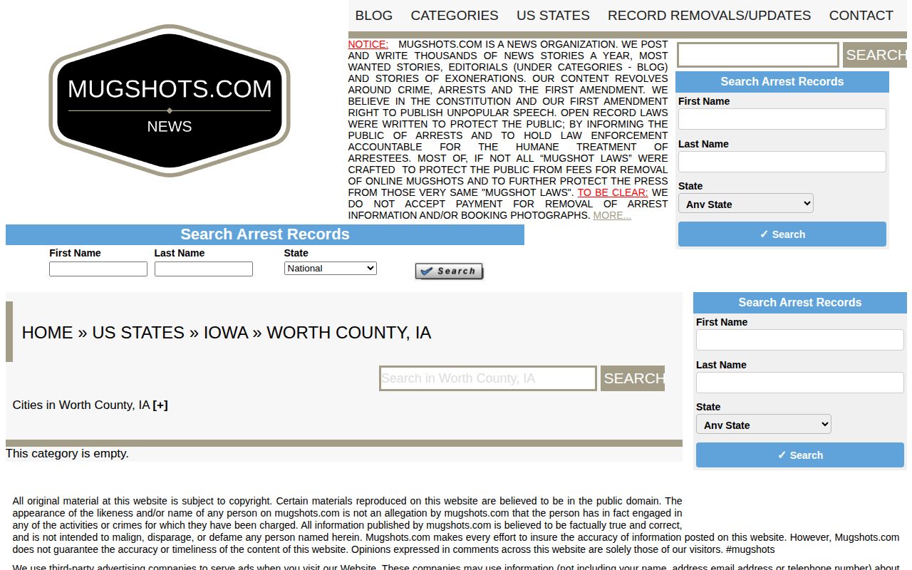 Unofficial Mugshots.com Worth County Iowa empty record section
